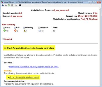 Figure 2. Model Advisor report with warning message.