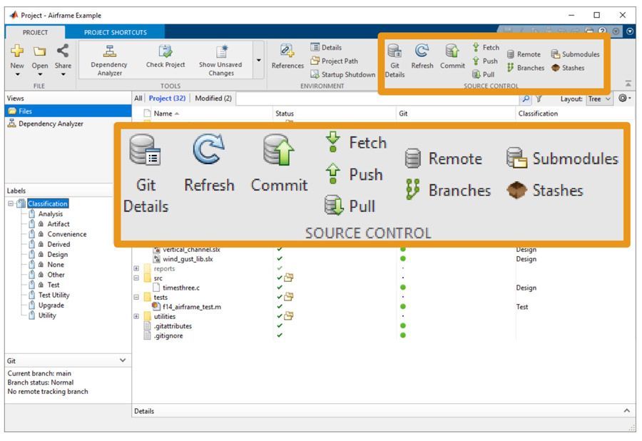 A Simulink screenshot showing available source control operations.