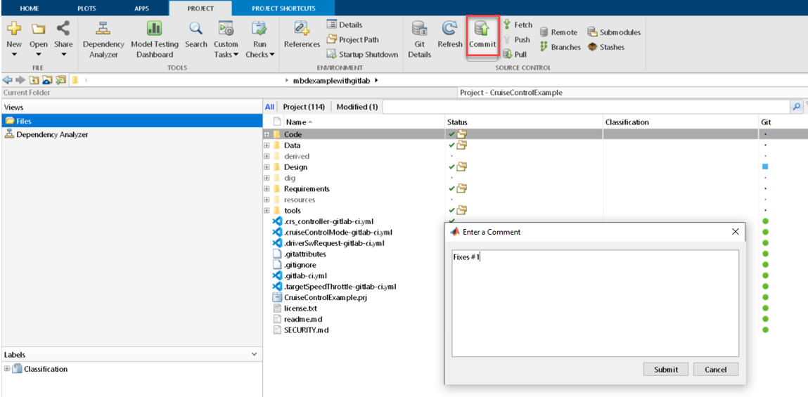 MATLAB project tab showing a user committing the fixes to Source Control.