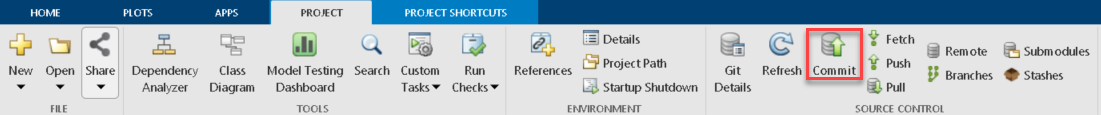 MATLAB Project tab showing the Commit button.