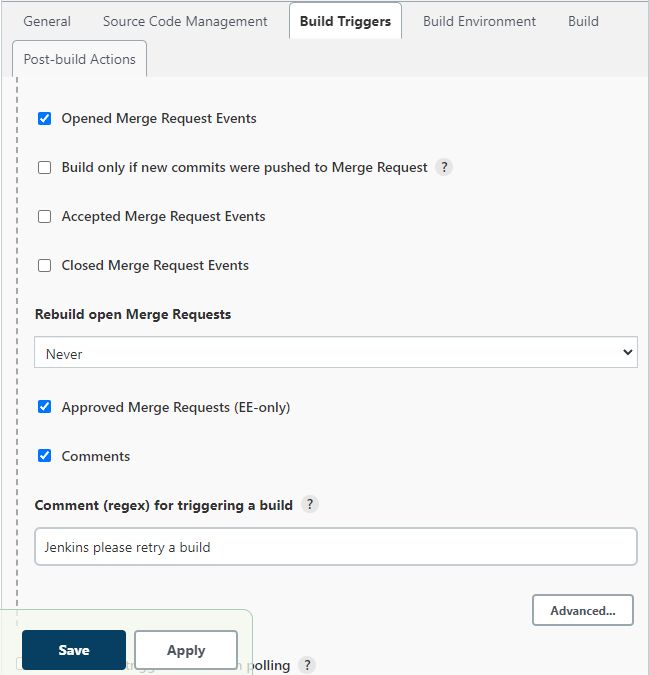 Another screenshot of the Build Triggers tab. Under Post-build actions, Opened Merge Request Events, Approved Merge Requests, and Comments are selected, with a comment “Jenkins please retry a build” filled in. There are save and apply buttons. 