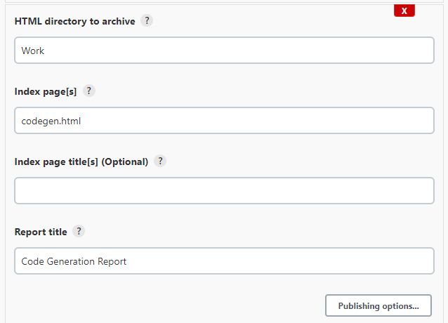 Another screenshot of the Publish HTML Reports pop-up window with HTML directory to archive, Index pages, and Report title filled in. There is also a button for Publishing options. 