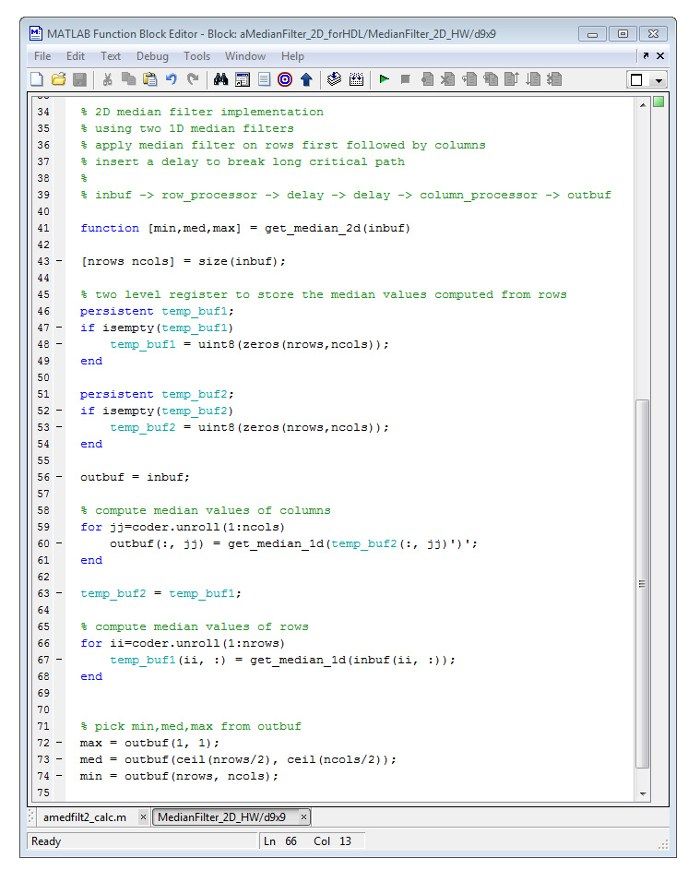 Top: algorithm for computing min/max/median for a 3x3 window; Bottom: hardware-optimized implementation of the 1D median filter