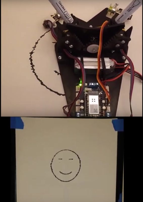 Figure 3. Top: Robot in the process of drawing an image captured from a web cam. Bottom: The completed drawing (from Engr 415 Fall 2020).