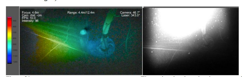 Figure 2. Image taken with the UTOFIA camera and colored to show range information, and an image of the same scene, taken with a regular camera, showing the effects of backscatter. 