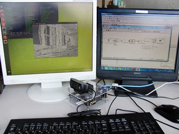 Figure 1. Lab setup with the BeagleBoard hardware connected to the video stream and the Simulink model.