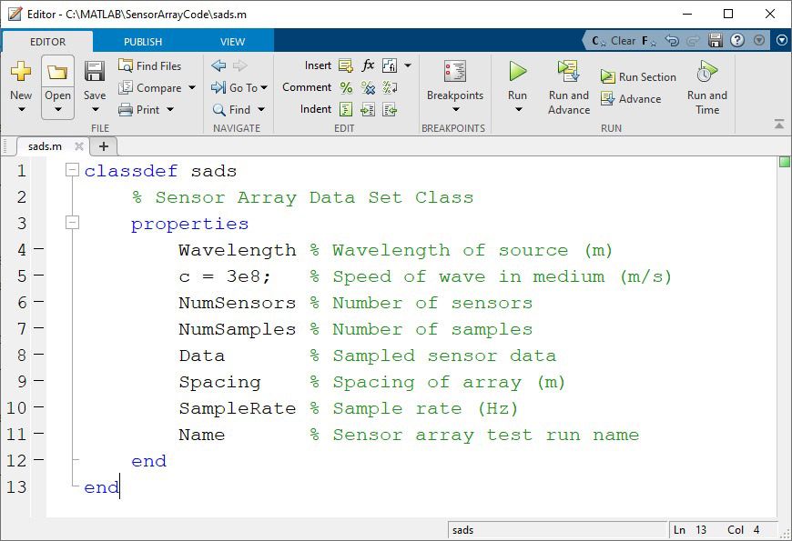 Figure 2. Class definition file sads.m with properties.