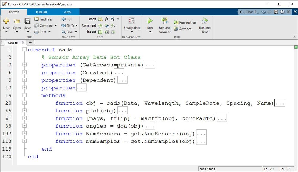 Figure 4. Class definition file sads.m with methods, displayed in the MATLAB editor. For ease of viewing, the code-folding feature is used to hide much of the code.