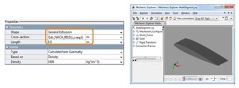 Figure 4. SimMechanics Solid block properties using General Extrusion with the MATLAB function, and the resulting 3D rendering in SimMechanics, where c = 1, cseg = 100, t = 0.1.