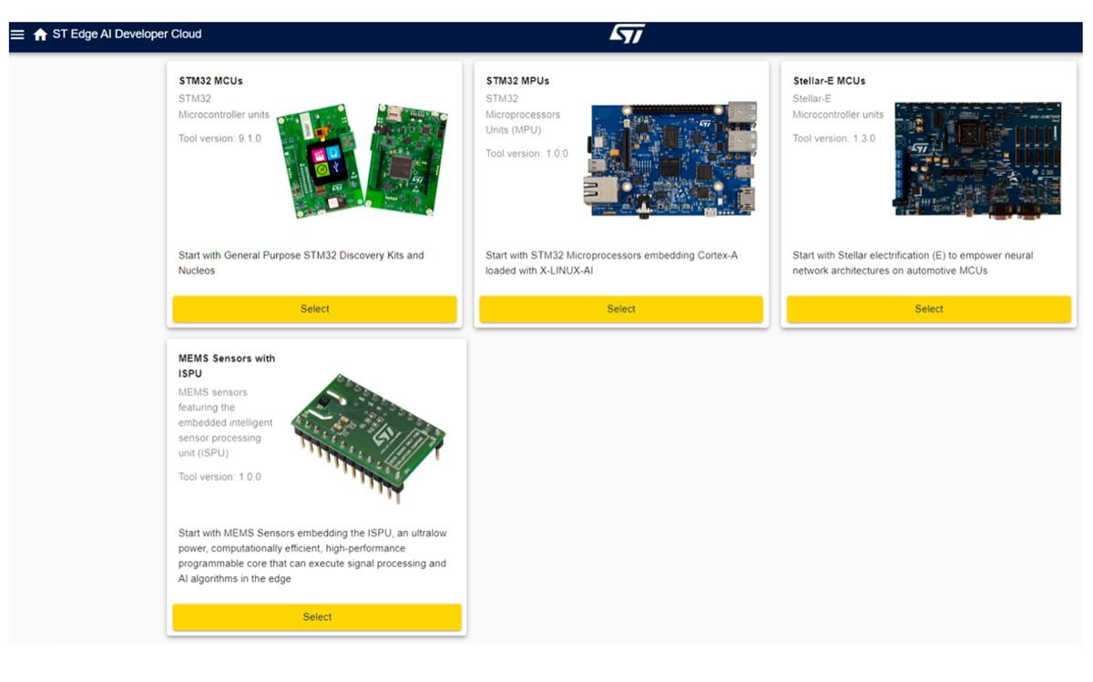 A screenshot of the ST Edge AI Developer Cloud interface showing various ST device options to choose from.