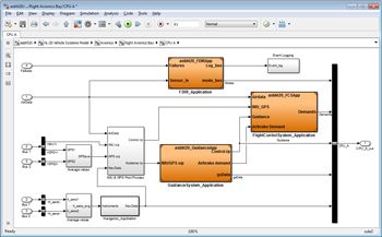 Figure 9. System-level model showing three referenced component models: flight control system, FDIR logic, and guidance system.