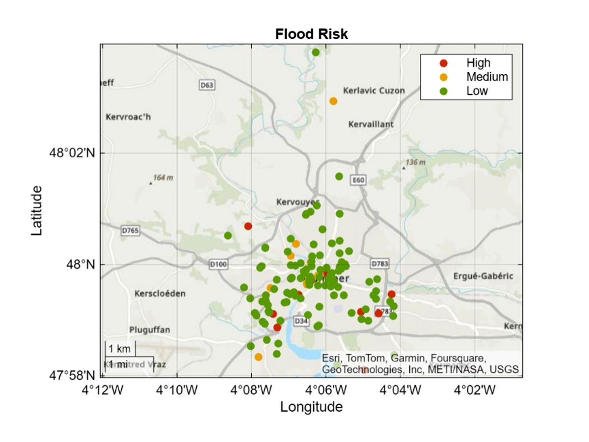 A map identifying locations for high, medium, and low flood risk.