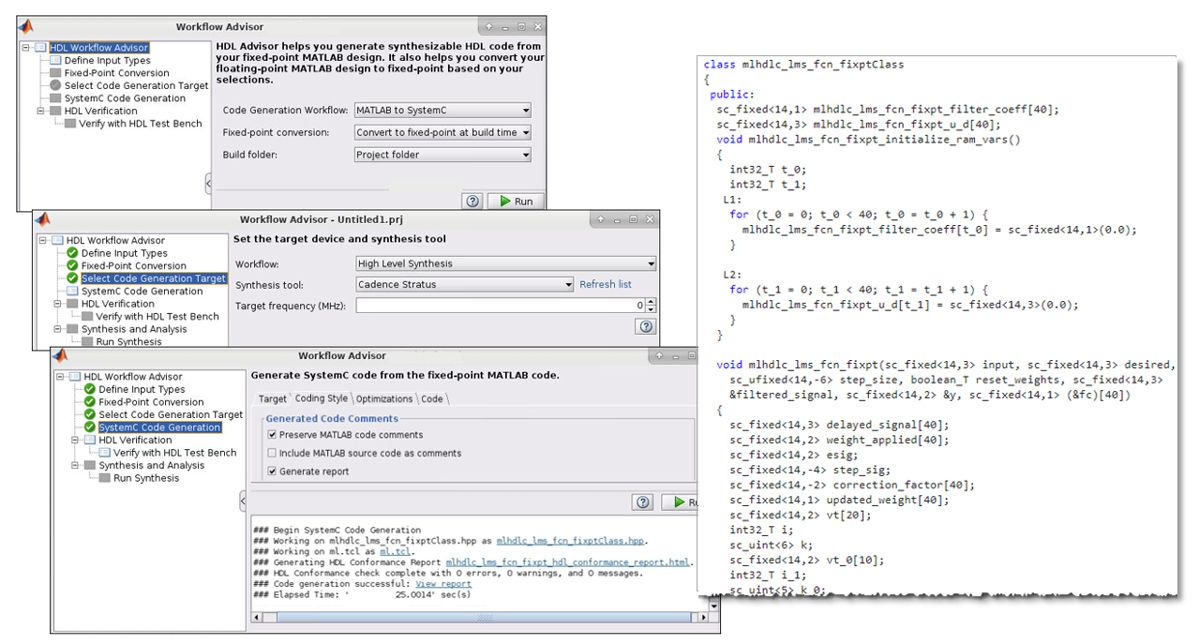 Screenshots illustrating the HDL Coder workflow for generating SystemC code for an ASIC design.