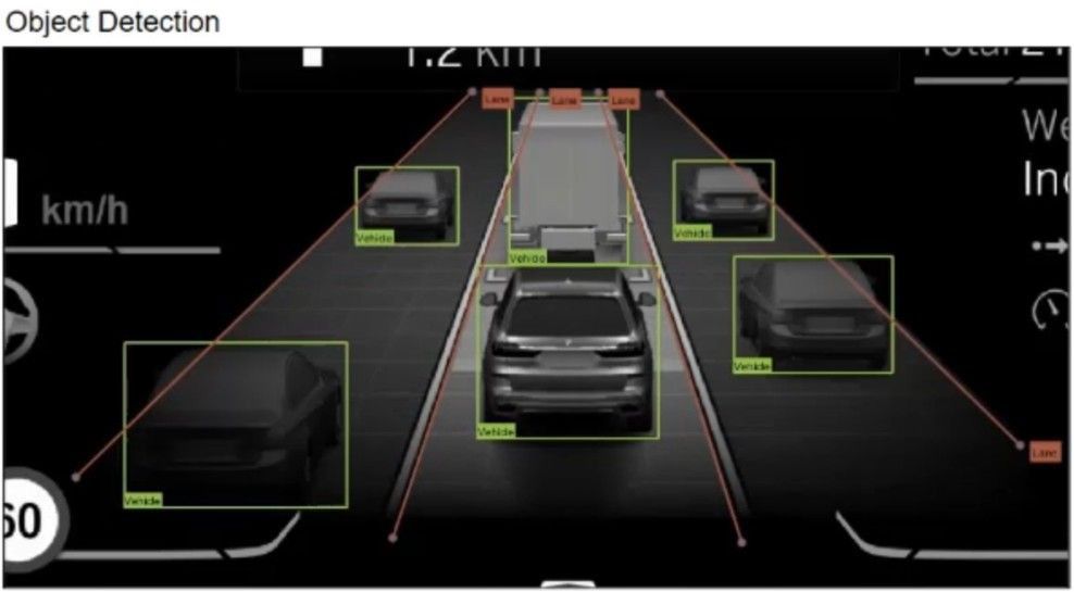 A screenshot of B M W Assisted Driver View demonstrating object detection.