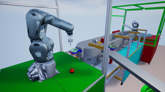 Screenshot showing simulation of two robotic arms in an assembly line.
