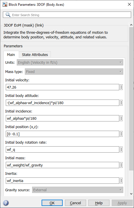 3DOF (Body Axes) block with parameters filled for 1903 Wright Flyer: units are English, mass type is Fixed, initial velocity is 47.26, initial body attitude is -(wf_alphaa-wf_incidence)*pi/180, initial incidence is wf_alphaa*pi/180, initial position is [0 -0.1], initial body rotation rate is wf_q, initial mass is wf_weight/wf_gravity, inertia is wf_inertia.