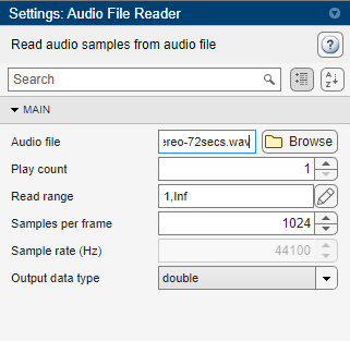 Screenshot of the Audio File Reader settings