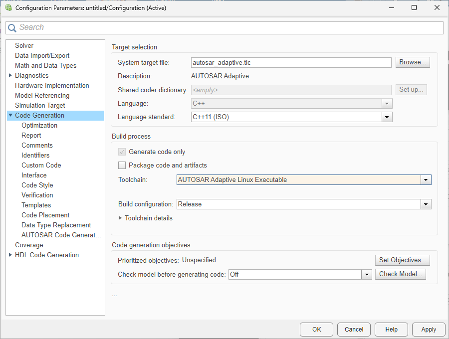 Configuration Parameters dialog box, Code Generation pane, with the System target file set to autosar_adaptive.tlc and the Toolchain set to AUTOSAR Adaptive Linux Executable.