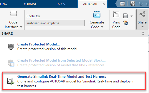 AUTOSAR tab with the Share menu open. The option Generate Simulink Real-Time Model and Test Harness highlighted.