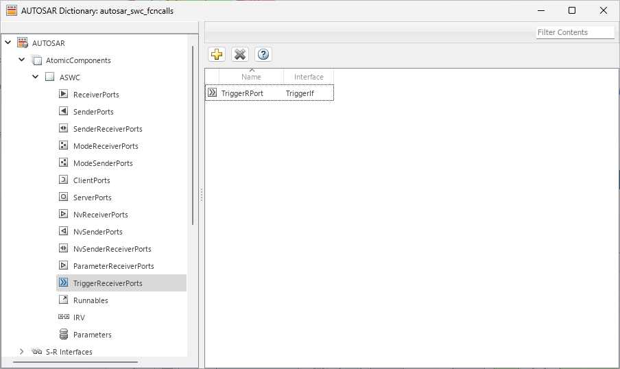 Trigger Receiver Ports view in AUTOSAR Dictionary.