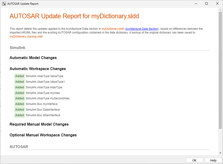 AUTOSAR Update Report for myDictionary.sldd.