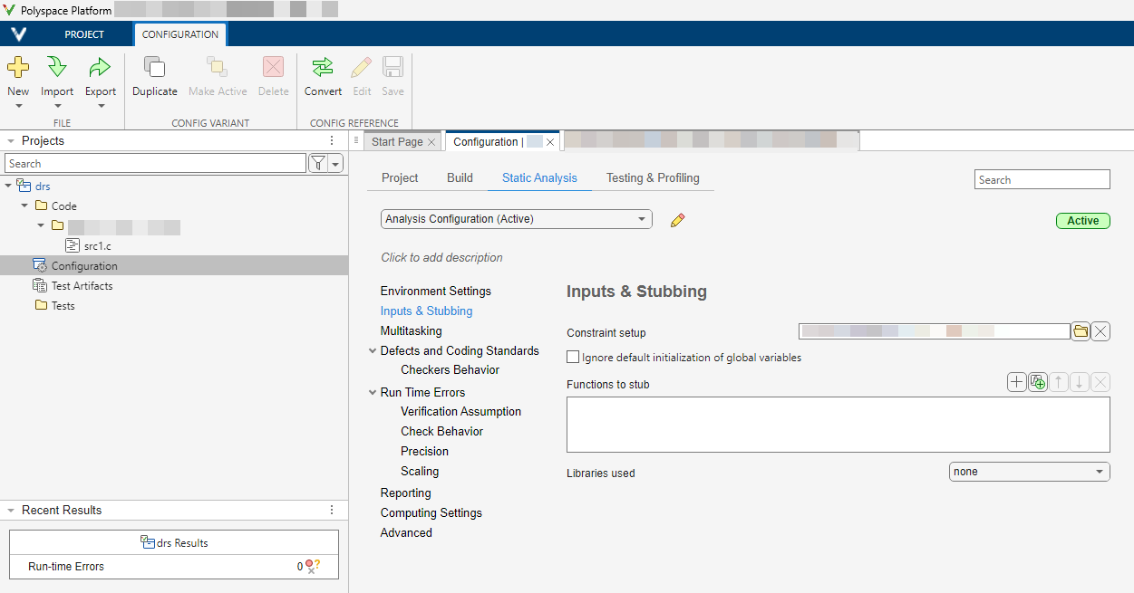 A snapshot of a Polyspace configuration