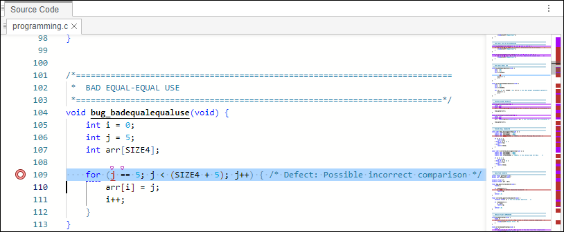 File open in source code with defect in red and marked by red circle icon