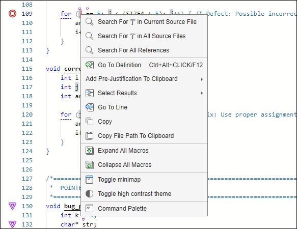 Context menu when selecting a text string in the Source Code pane