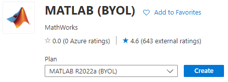 Picture of the MATLAB (BYOL) offering on Azure Marketplace.