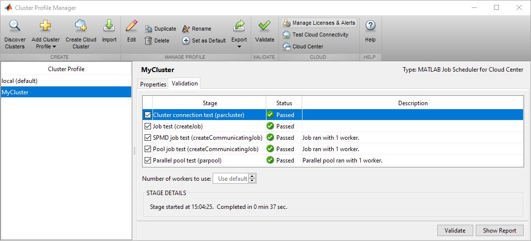 Validation results tab in the Cluster Profile Manager window. All the fields have their Status as Passed if the tests run successfully.