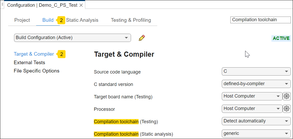 Searching for the option 'Compilation toolchain' shows two instances on the Build tab of the Configuration pane.