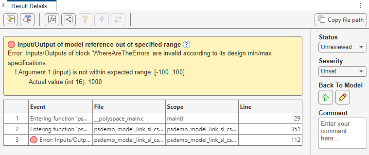 Polyspace Results Details window showing a red violation of the check Input/Output of model reference out of specified range.