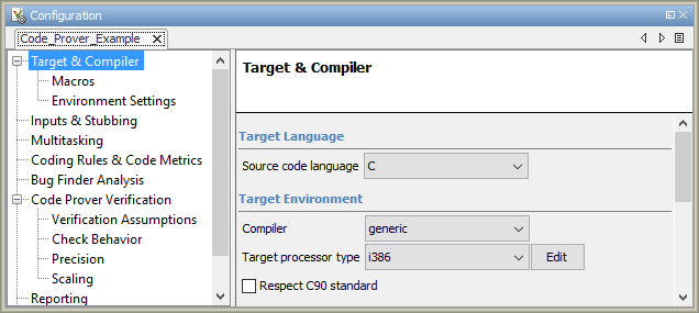 A snapshot of a Polyspace configuration showing the Target & Compiler section.