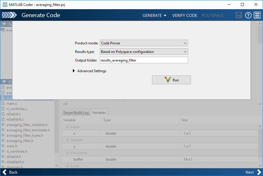 A snapshot of the Polyspace pane in the MATLAB Coder App. The basic options that you have to specify on this pane are Product mode, Results type and Output folder.