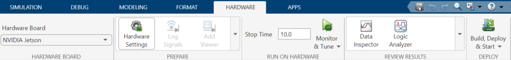 Hardware tab of the Simulink toolstrip