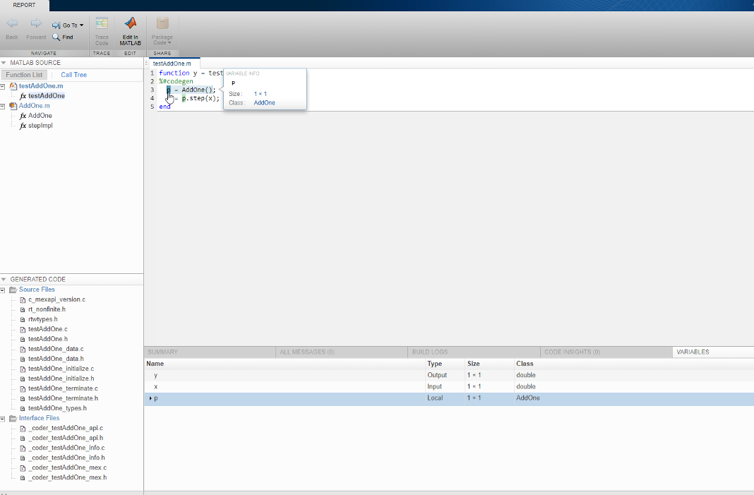 This shows the MATLAB function testAddOne in the report. The cursor points to the variable p and the properties display.