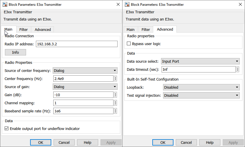 Block parameters: E3xx transmitter window with main tab selected on the left and advanced tab selected on the right. The radio properties are on the main tab and data timeout is on the advanced tab.