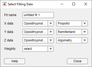 Select Fitting Data dialog box with the Propofol, Remifentanil, and Algometry data variables