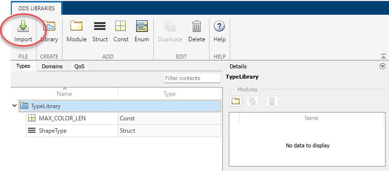 Display of DDS Dictionary. Import button is located to the left in the toolbar.