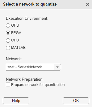 Select an execution environment and network to quantize.