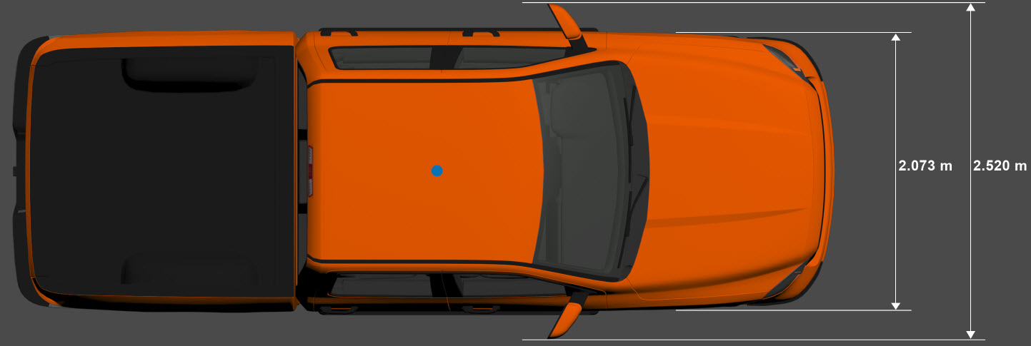 Top-down view of small pickup truck with the origin marked in blue at its center and its width dimensions shown. The width not including rear-view mirrors is 2.073 meters. The width including rear-view mirrors is 2.520 meters.