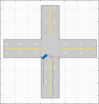 A vehicle makes a U-turn at an intersection while a pedestrian crosses the road