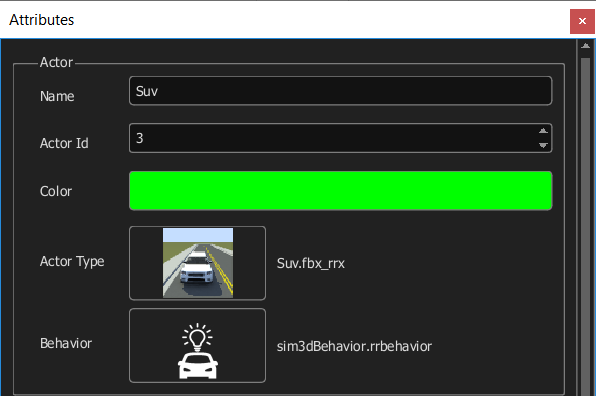 The RoadRunner attributes pane for the Suv actor shows "sim3dBehavior.rrbehavior" in the Behavior box.