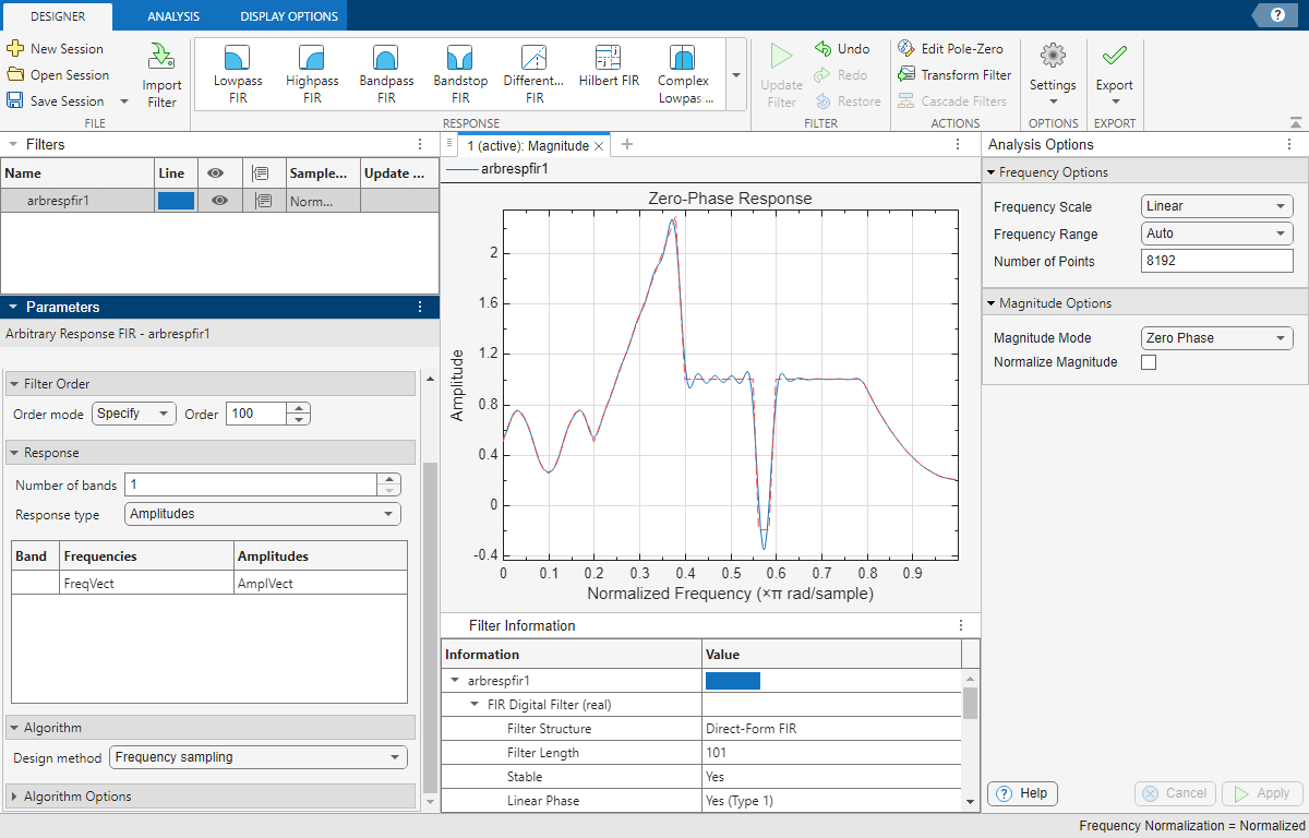 Arbitrary magnitude filter design and visualization using Filter Designer app