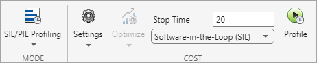 SIL and PIL profiling settings in the toolstrip