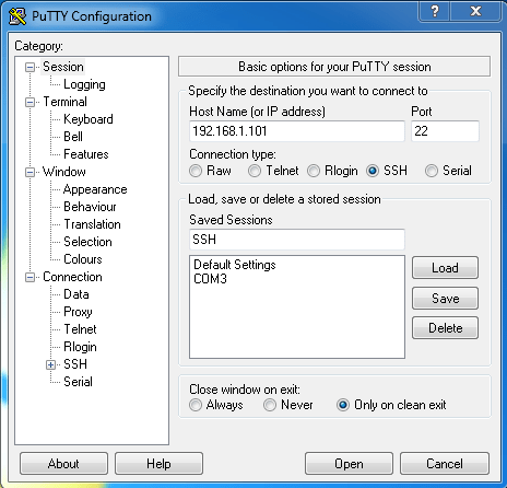 Configure the connection by using the PuTTY Configuration dialog box.