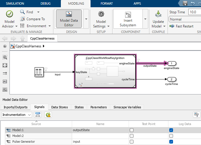 The Model Data Editor panel displays at the bottom of the Simulink window and shows the Log Data check boxes selected for the input and outputState signals.