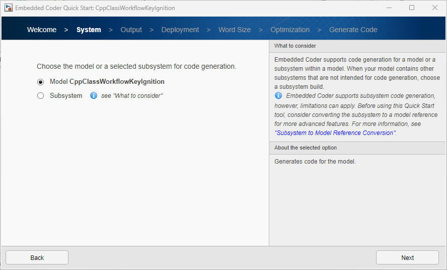 View of the System display in the Embedded Coder Quick Start tool for the CppClassWorkflowKeyIgnition model