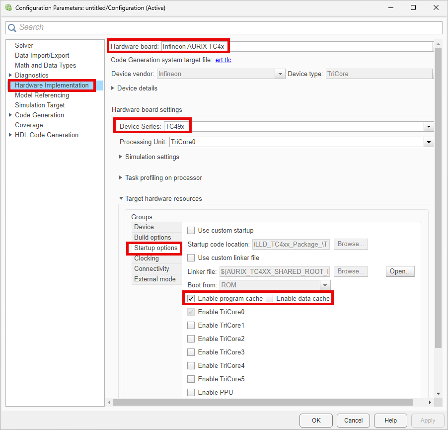 Configure Enable data and program cache parameters