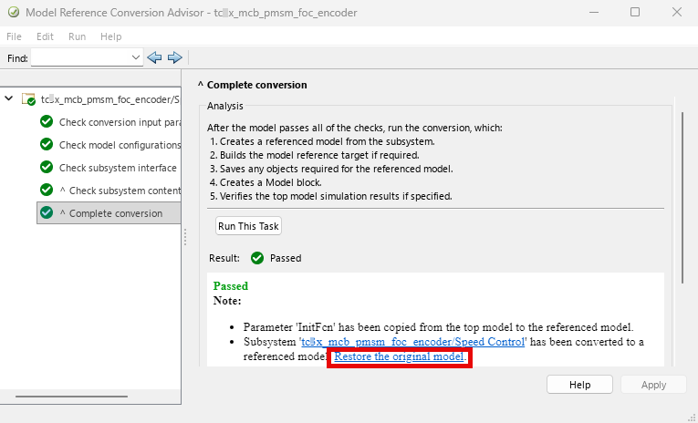 Option to restore the original model in conversion advisor